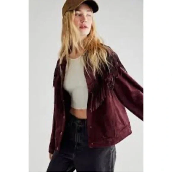 Free People Cosmic Karma Jacket Vegan Suede Fringed Button Coat Wine Plum XL - Picture 2 of 11